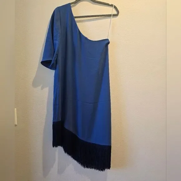Trina Turk One Shoulder Fringe Dress, Turquoise Womens Gull Sz M NWT - Picture 6 of 6